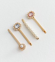 New Look 4 Pack Gold Faux Pearl and Gem Hair Slides